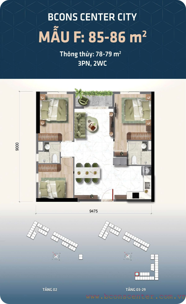 mặt bằng căn hộ Bcons Center City
